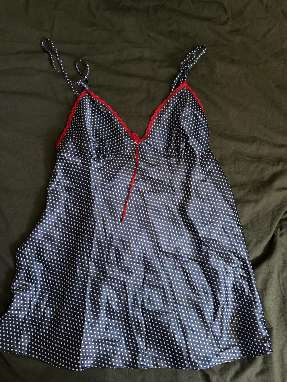 La Vie En Rose Navy Polka Dot Satin Chemise with Red Trim